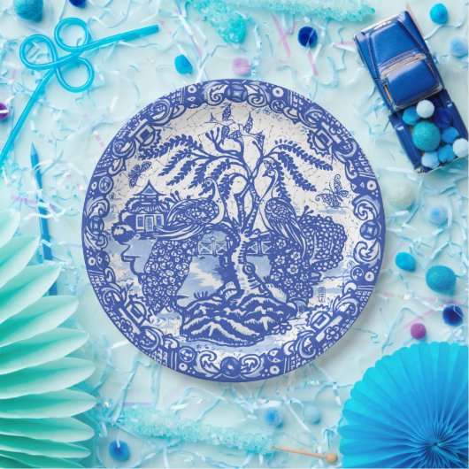 ブルーウィローピーコックアイランドアジアテンプルクラックル ペーパープレート (パーティー)