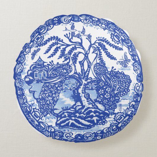 ブルーウィローピーコックアイランドアジアンテンプルガーデンアート ラウンドクッション (正面)