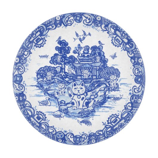 ブルーウィローラッキーキャットお洒落シノワセリーアート カッティングボード (正面)