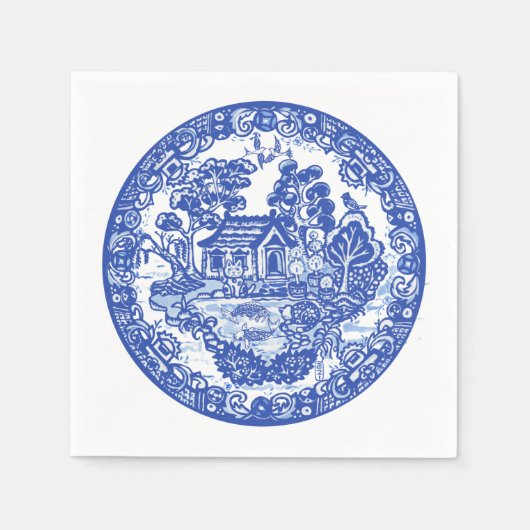 ブルーウィローラッキーキャットコイバードアジアテンプルガーデン スタンダードカクテルナプキン (正面)