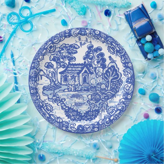 ブルーウィローラッキーキャットコイバードアジアテンプルガーデン ペーパープレート (パーティー)