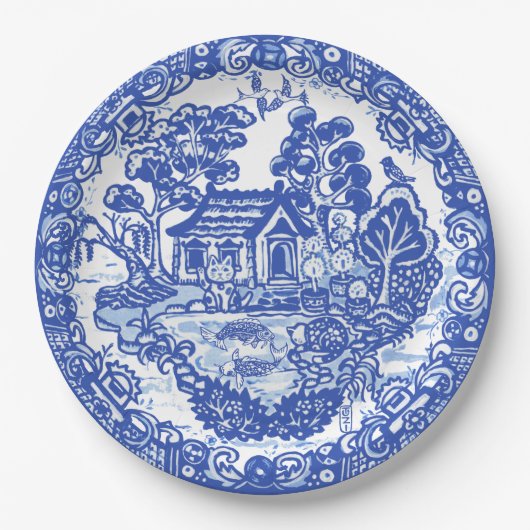 ブルーウィローラッキーキャットコイバードアジアテンプルガーデン ペーパープレート (正面)