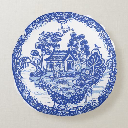 ブルーウィローラッキーキャットコイポンド中国テンプユニークル ラウンドクッション (正面)