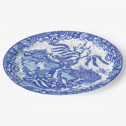 ブルーウィローリスの鳥のキツネアジアの寺院のパチパチ ペーパープレート (アングル)