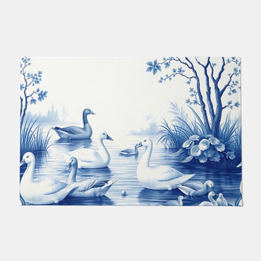 ブルーウィロー白鳥の湖の風景 ドアマット (正面)