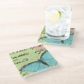 ブルーウィングバタフライティール(緑がかった色)葉書 ガラスコースター (アングル)