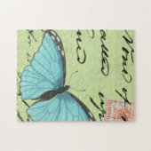 ブルーウィングバタフライティール（緑がかった色）葉書 ジグソーパズル (横)