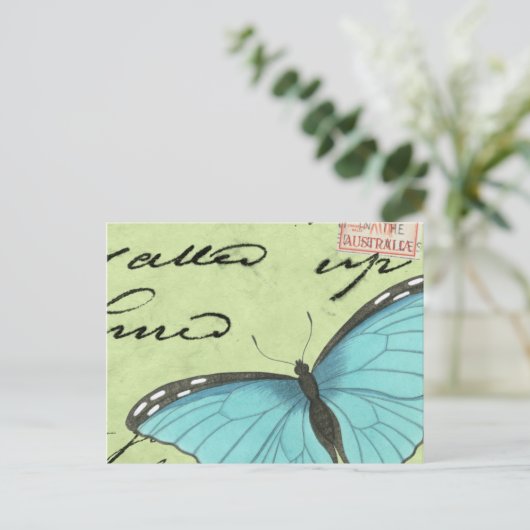 ブルーウィングバタフライティール(緑がかった色)葉書 ポストカード (スタンド正面)