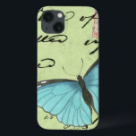 ブルーウィングバタフライティール（緑がかった色）葉書 iPhone 13ケース<br><div class="desc">このティール（緑がかった色）運はこの美しいのメッセージ。繊細な青い翼の蝶がカードの上に置かれ、それが含むスクリプトの一部を隠している。このVision Studioプリントはあなたの家素晴らしに追加されるだろう！</div>