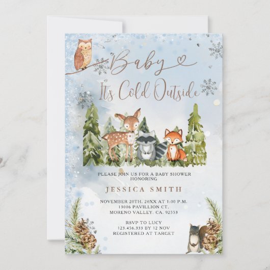 ブルーウィンターアニマルウッドランドボーイベビーシャワー 招待状 (正面)