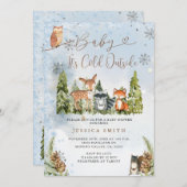 ブルーウィンターアニマルウッドランドボーイベビーシャワー 招待状 (正面/裏面)