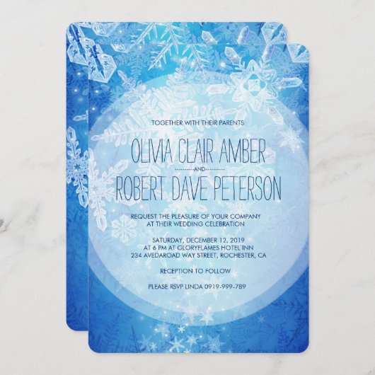 ブルーウィンターウェディングの水晶のような氷の雪 招待状 (正面/裏面)