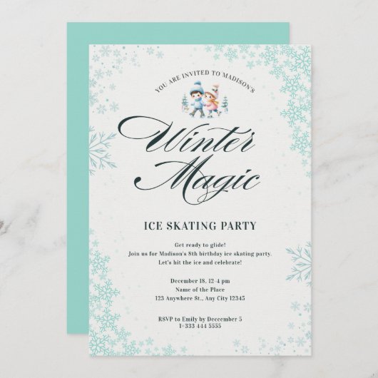 ブルーウィンターエレガントスノーフレーク子供の誕生日パーティー 招待状 (正面/裏面)