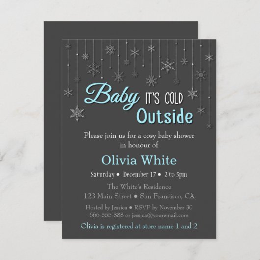 ブルーウィンターエレガントスノーフレーク赤ちゃんシャワー 招待状 (正面/裏面)