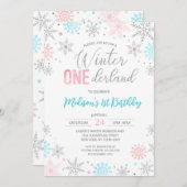 ブルーウィンターオネダーランドスノーフレークスファースト誕生日 招待状 (正面/裏面)