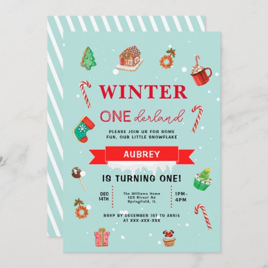 ブルーウィンターオネダーランドファースト誕生日招待状 招待状 (正面/裏面)