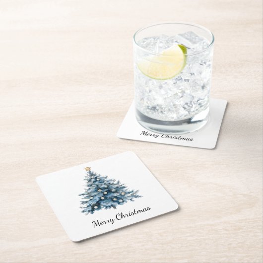 ブルーウィンタークリスマスツリー金ゴールドスター スクエアペーパーコースター (インサイチュ)