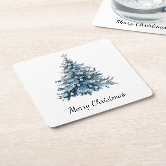 ブルーウィンタークリスマスツリー金ゴールドスター スクエアペーパーコースター (アングル)