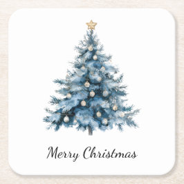 ブルーウィンタークリスマスツリー金ゴールドスター スクエアペーパーコースター