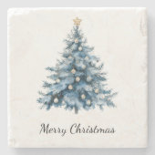 ブルーウィンタークリスマスツリー金ゴールドスター ストーンコースター (正面)