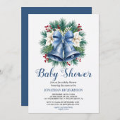 ブルーウィンタークリスマスベルの赤ちゃんシャワー 招待状 (正面/裏面)