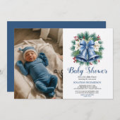 ブルーウィンタークリスマスベルの赤ちゃんシャワー 招待状 (正面/裏面)