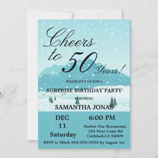 ブルーウィンターシーナリーブルーサプライズ50誕生日 招待状 (正面)