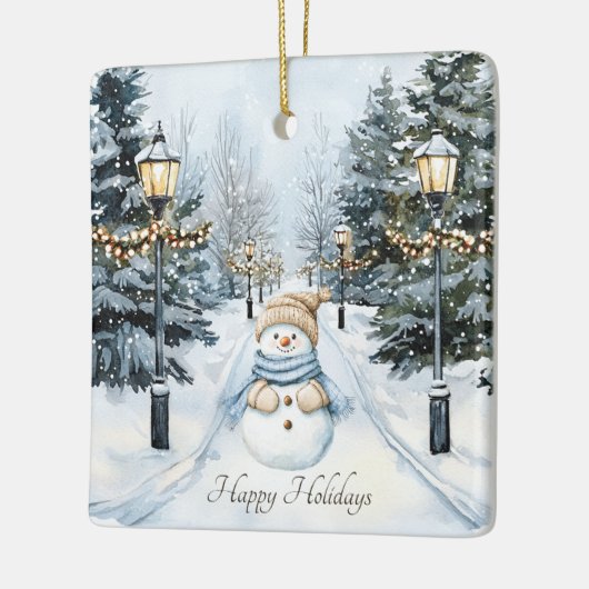 ブルーウィンタースノーウォーター色雪だるまハッピーホリデイズ セラミックオーナメント (左)