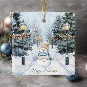 ブルーウィンタースノーウォーター色雪だるまハッピーホリデイズ セラミックオーナメント