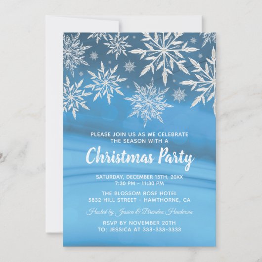 ブルーウィンタースノーフレーククリスマスホリデーパーティー 招待状 (正面)