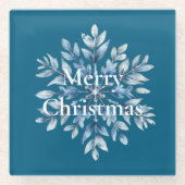 ブルーウィンタースノーフレーククリスマス ガラスコースター (正面)