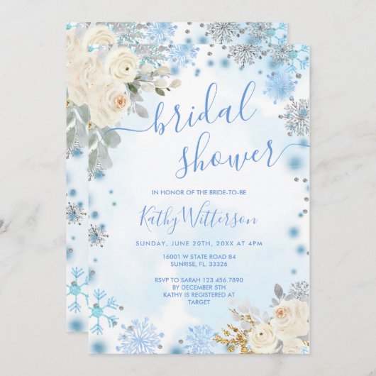 ブルーウィンタースノーフレークフローラブライダルシャワー 招待状 (正面/裏面)