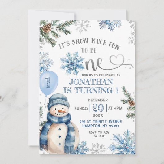 ブルーウィンタースノーモアおもしろいファースト誕生日 招待状 (正面)