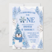 ブルーウィンタースノーモアおもしろいファースト誕生日 招待状 (正面)