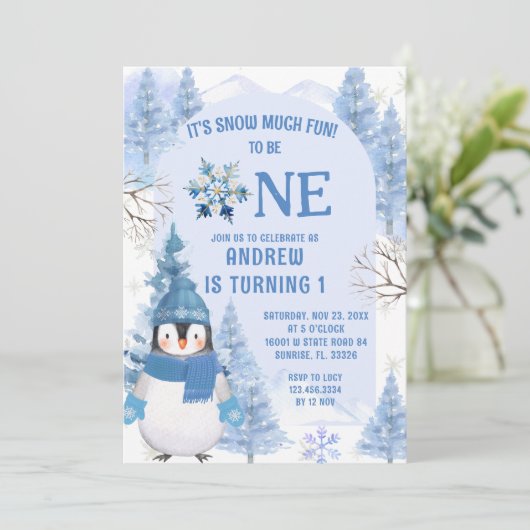 ブルーウィンタースノーモアおもしろいファースト誕生日 招待状 (スタンド正面)