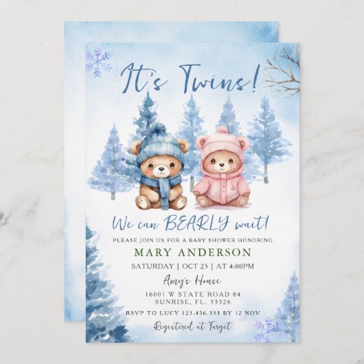 ブルーウィンターツインズベアーベビーシャワー招待状 招待状 (正面/裏面)
