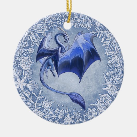 ブルーウィンタードラゴンファンタジー自然アート セラミックオーナメント (正面)