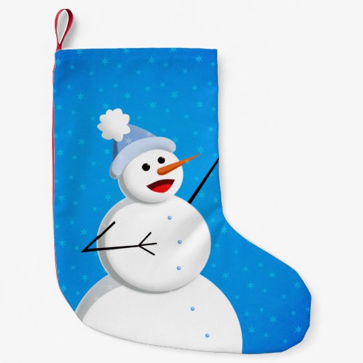 ブルーウィンターハッピー雪だるま スモールクリスマスストッキング (正面)