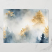 ブルーウィンターパインツリーフォレストウェディングRSVPカード 箔招待状ポストカード (裏面)