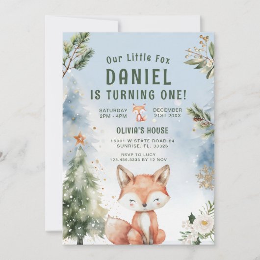 ブルーウィンターフォレストキツネ1st誕生日 招待状 (正面)
