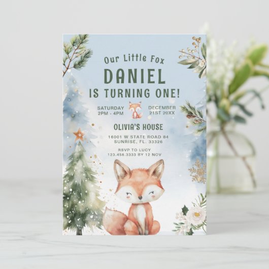 ブルーウィンターフォレストキツネ1st誕生日 招待状 (スタンド正面)