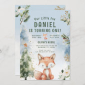 ブルーウィンターフォレストキツネ1st誕生日 招待状 (正面/裏面)