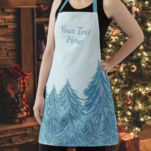 ブルーウィンターフォレストツリーウォーターカラークリスマス エプロン