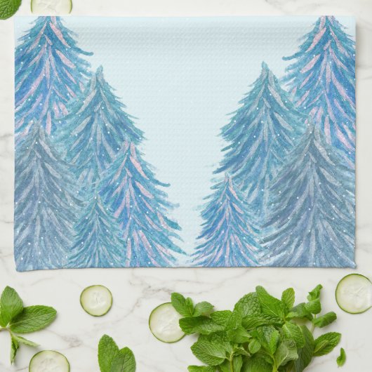 ブルーウィンターフォレストツリーウォーターカラークリスマス キッチンタオル (折り畳み)