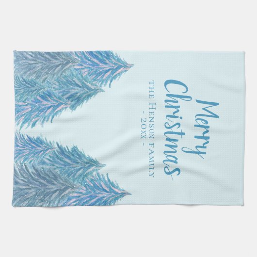 ブルーウィンターフォレストツリーウォーターカラークリスマス キッチンタオル (横)