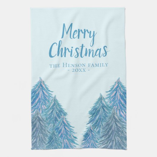 ブルーウィンターフォレストツリーウォーターカラークリスマス キッチンタオル (縦)