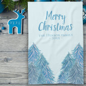 ブルーウィンターフォレストツリーウォーターカラークリスマス キッチンタオル