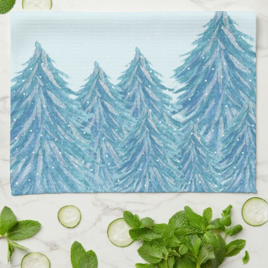 ブルーウィンターフォレストツリーウォーターカラークリスマス キッチンタオル (折り畳み)