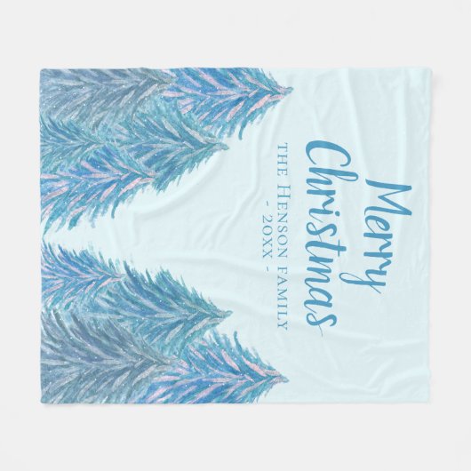 ブルーウィンターフォレストツリーウォーターカラークリスマス フリースブランケット (正面(横))