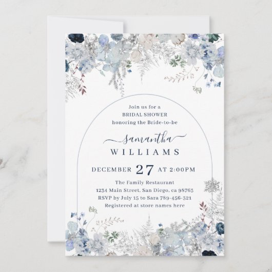 ブルーウィンターフラワーウォーターカラーアーチブライダルシャワー 招待状 (正面)